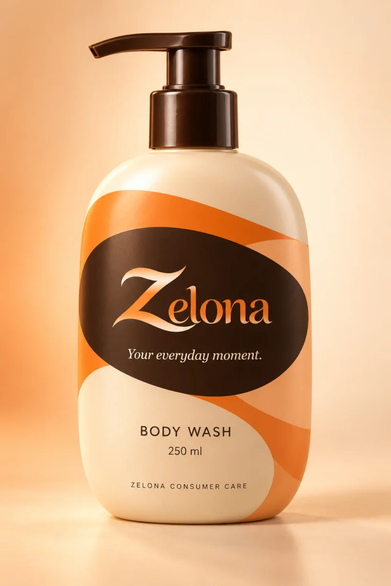 Zelona 250 ml body wash packaging concept with orange and cream label and espresso pump